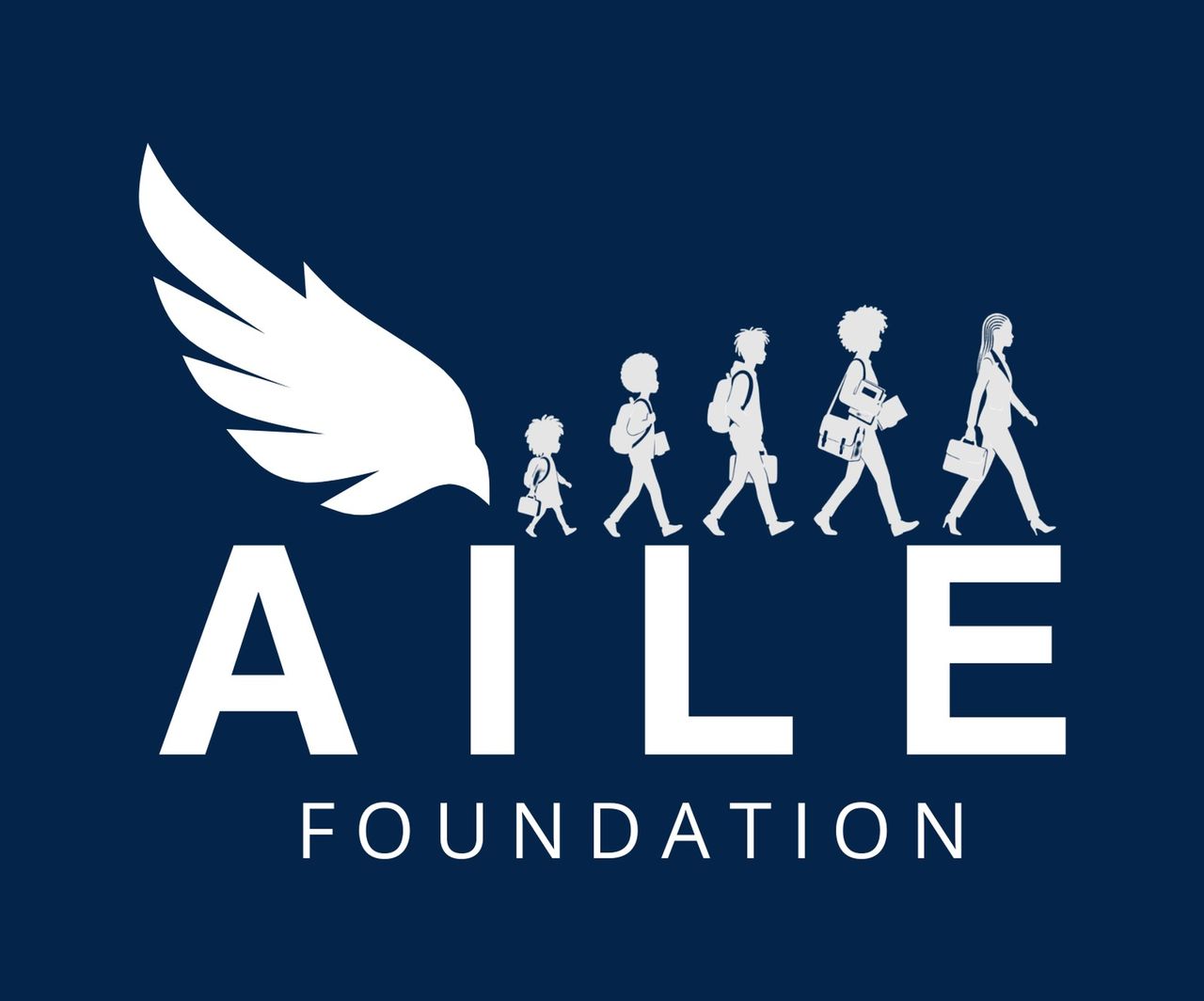 AILE Foundation logo, a white wing above a line of children walking and growing, on a navy background